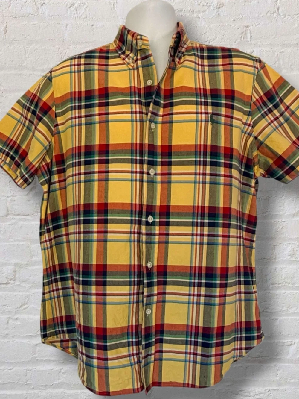 Polo Ralph Lauren Plaid Oxford Shirt Short Sleeve Yellow Madras Classic Fit L